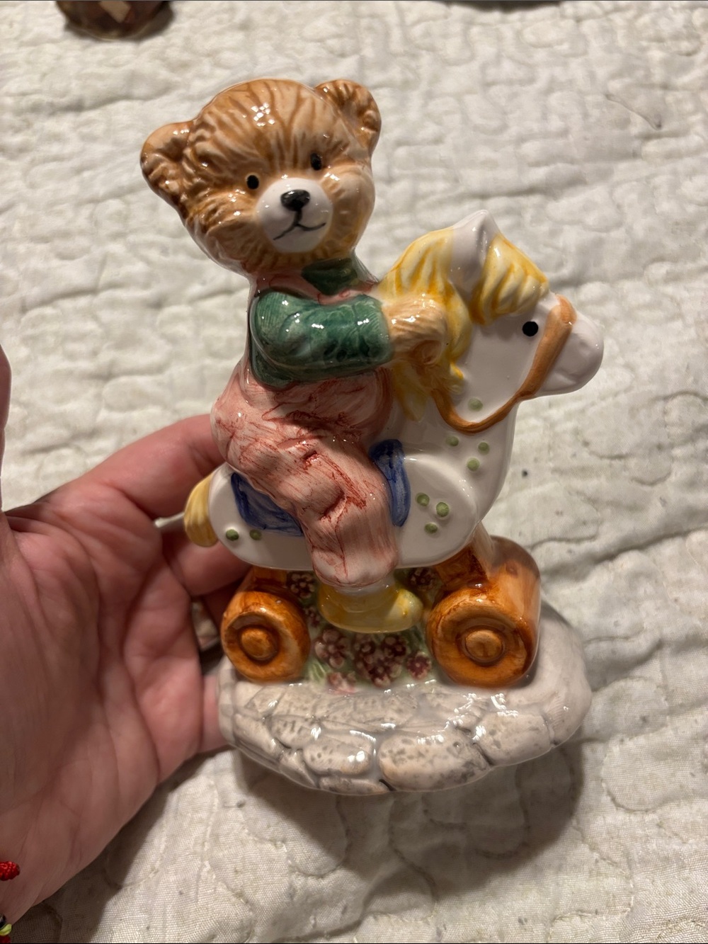 Ceramic Bear on Rocking Horse Figurine - Multicolor